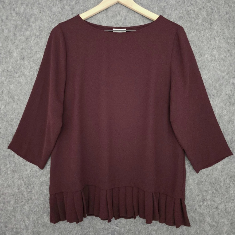 J. Jill Blouse Womens M Burgundy Red Pleated Hem‎ 3/4 Sleeve Boat Neck Tunic Top